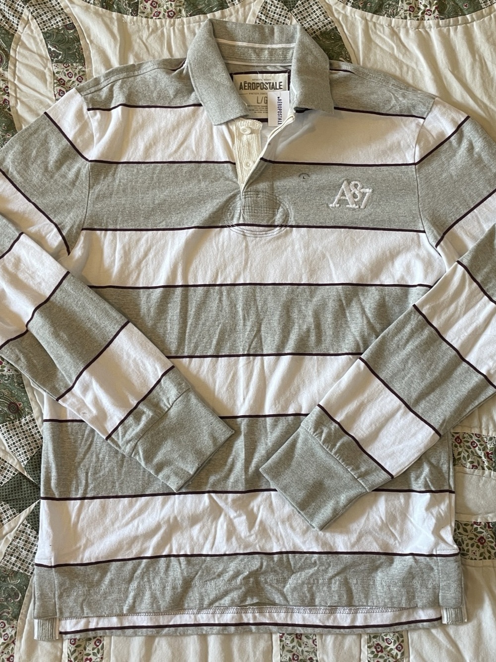 NEW Aeropostale A87 Striped Long Sleeve Rugby Polo Gray White Large Preppy Y2K